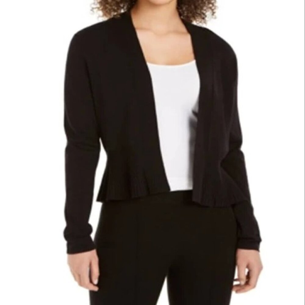 Charter Club Women's Size L Black Ramie Peplum Hem Open Front Cardigan Sweater